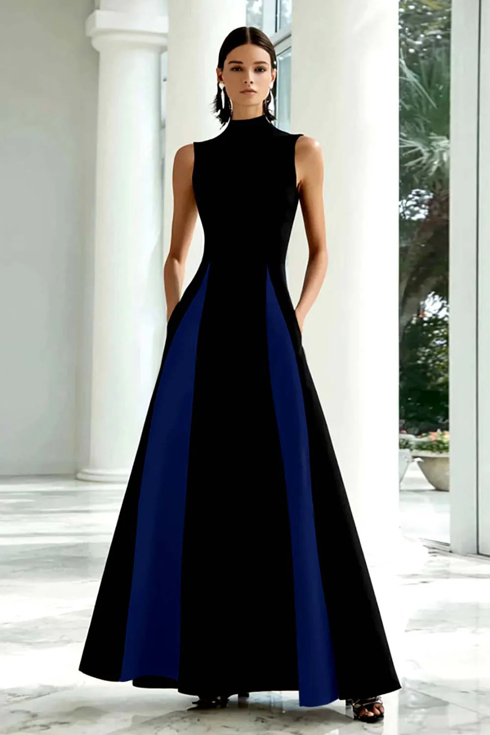 Elegant A-Line Black and White High Neck Long Evening Dress - Image 7