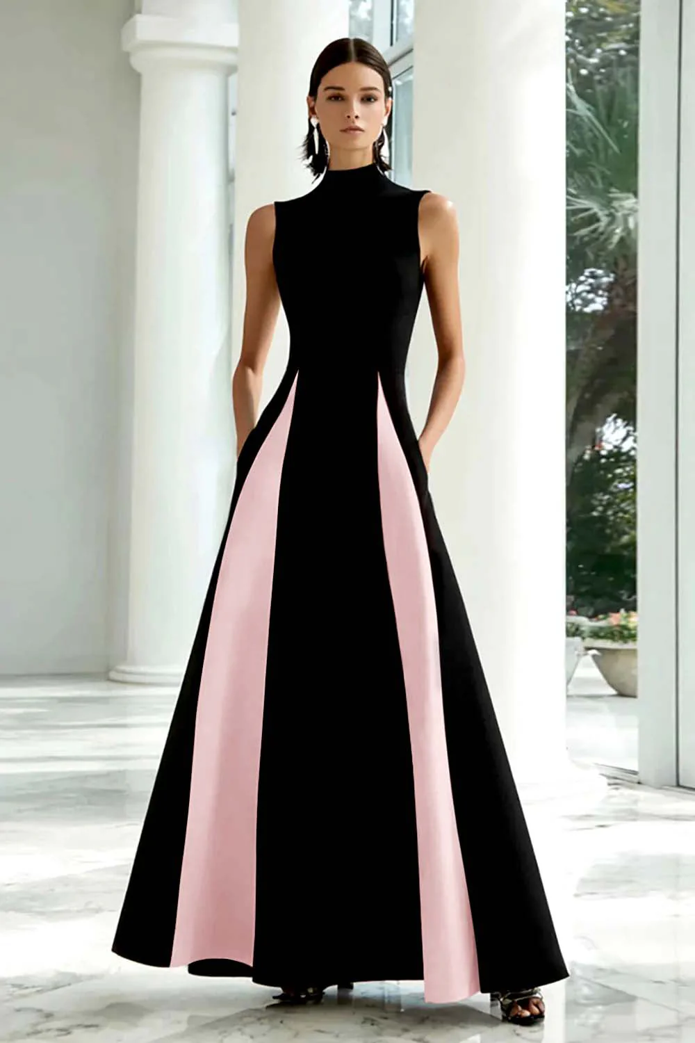 Elegant A-Line Black and White High Neck Long Evening Dress - Image 8