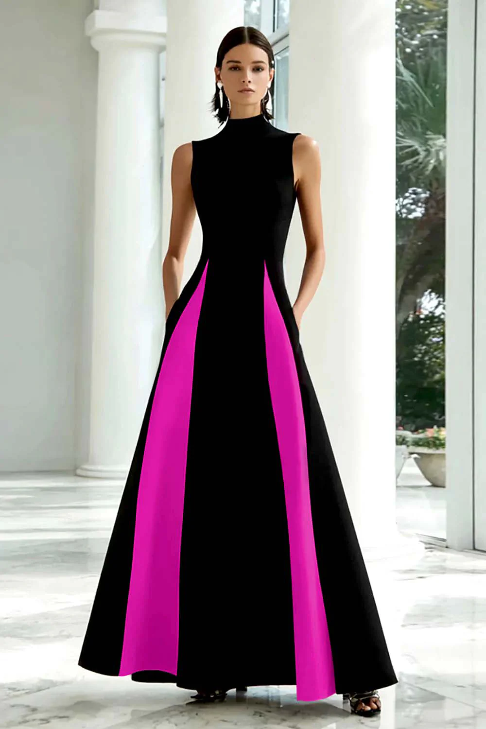 Elegant A-Line Black and White High Neck Long Evening Dress - Image 9