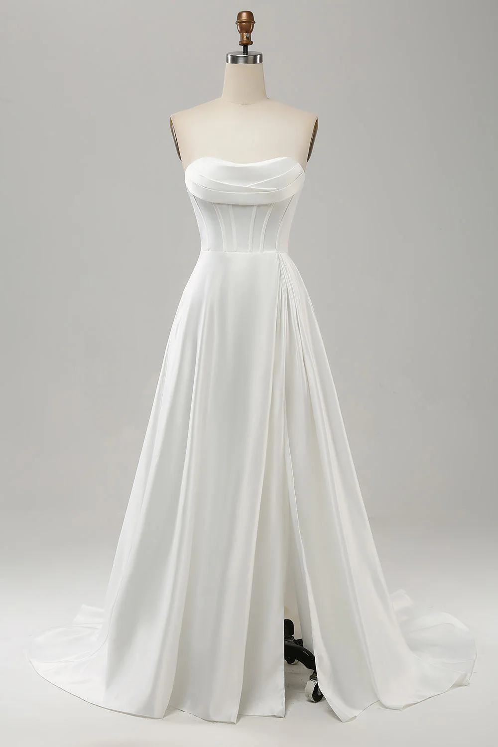 Elegant A Line Strapless Pleated Sweep Train White Wedding Dress With Slit - Image 3