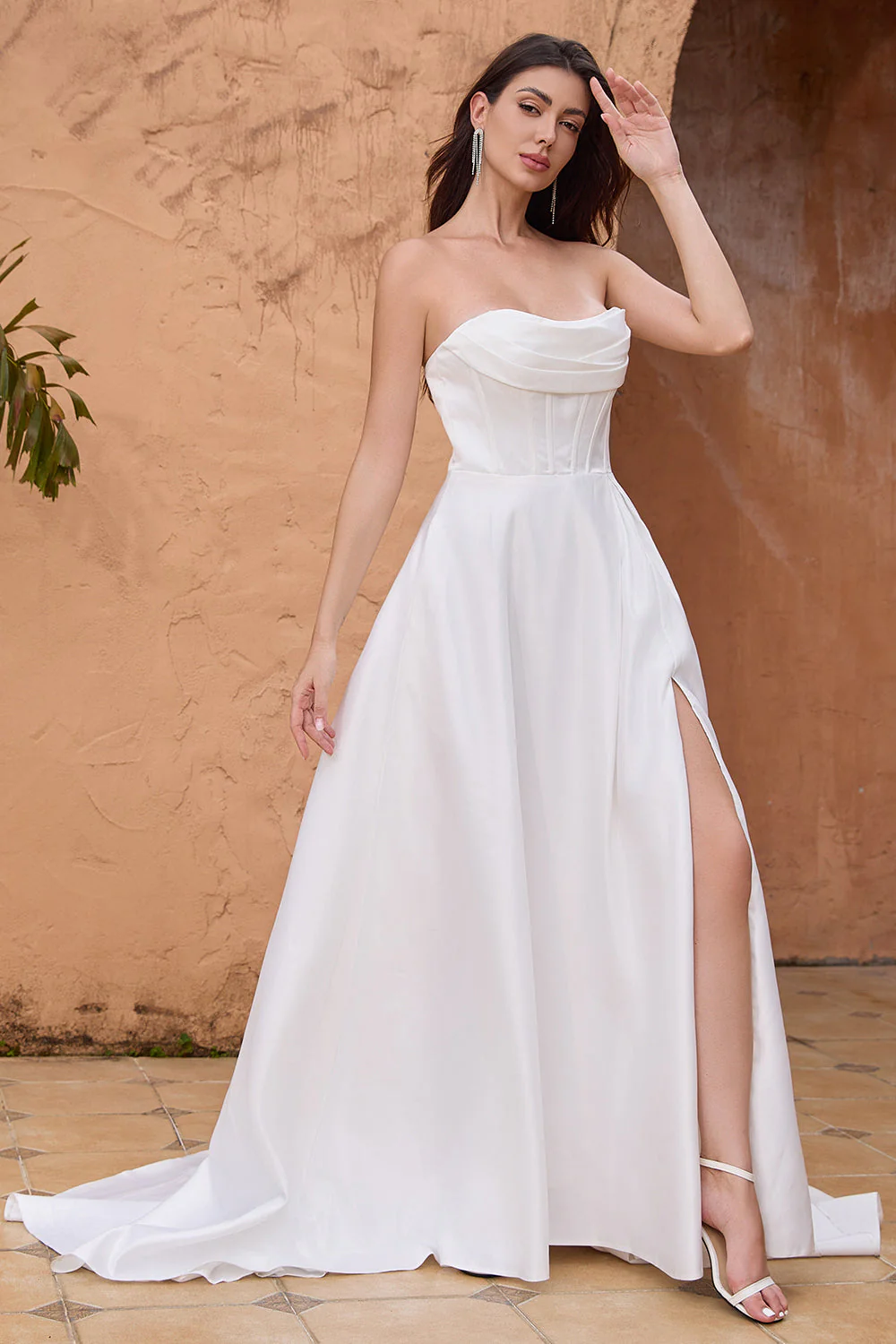 Elegant A Line Strapless Pleated Sweep Train White Wedding Dress With Slit - Image 5
