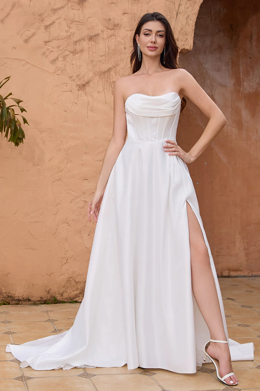 Elegant A Line Strapless Pleated Sweep Train White Wedding Dress With Slit - Image 6