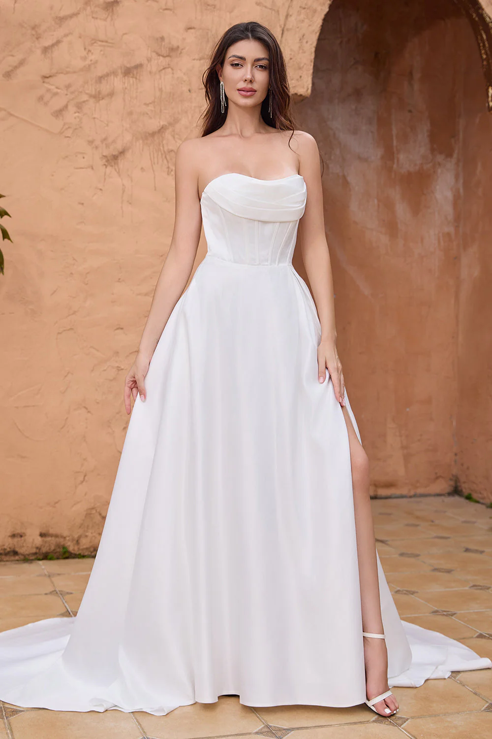 Elegant A Line Strapless Pleated Sweep Train White Wedding Dress With Slit - Image 7