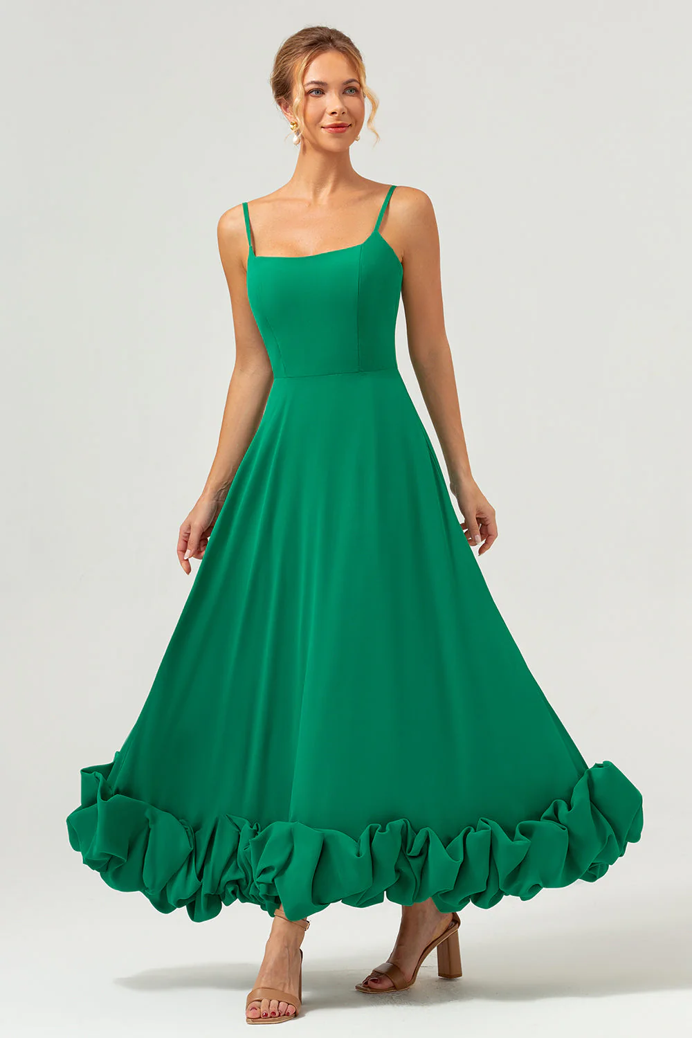 Elegant Green A Line Spaghetti Straps Bridesmaid Dress - Image 3