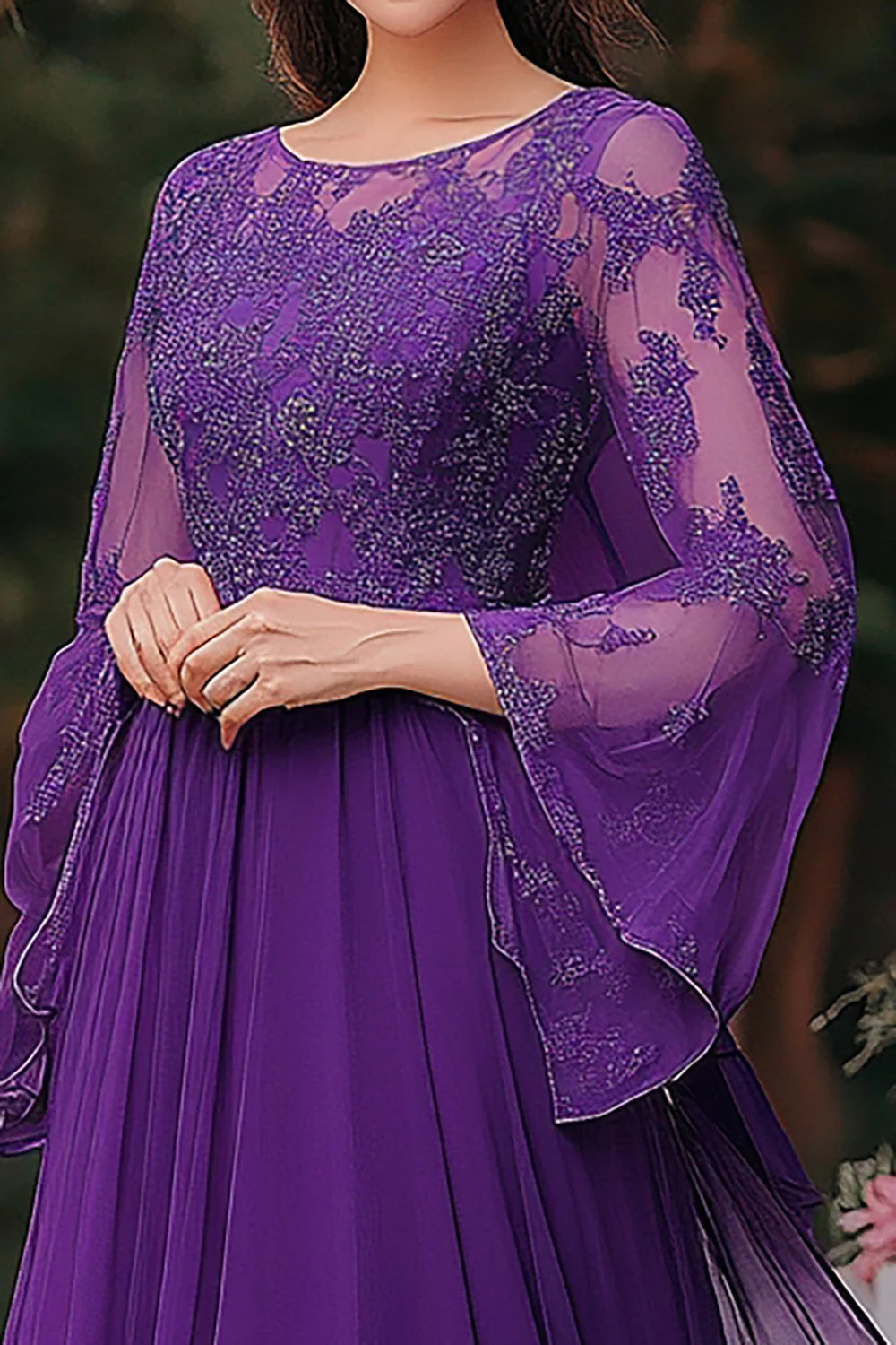Elegant Purple A Line Shawl Sleeve Mother Dress With Appliques - Image 3