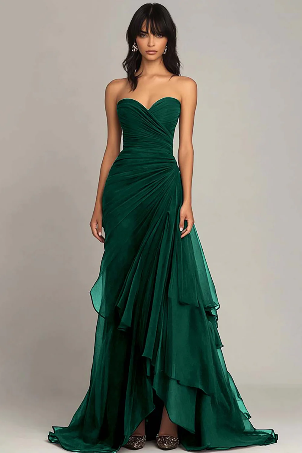 Dark Brown Sweetheart Ruched Ruffled Evening Dress - Image 10