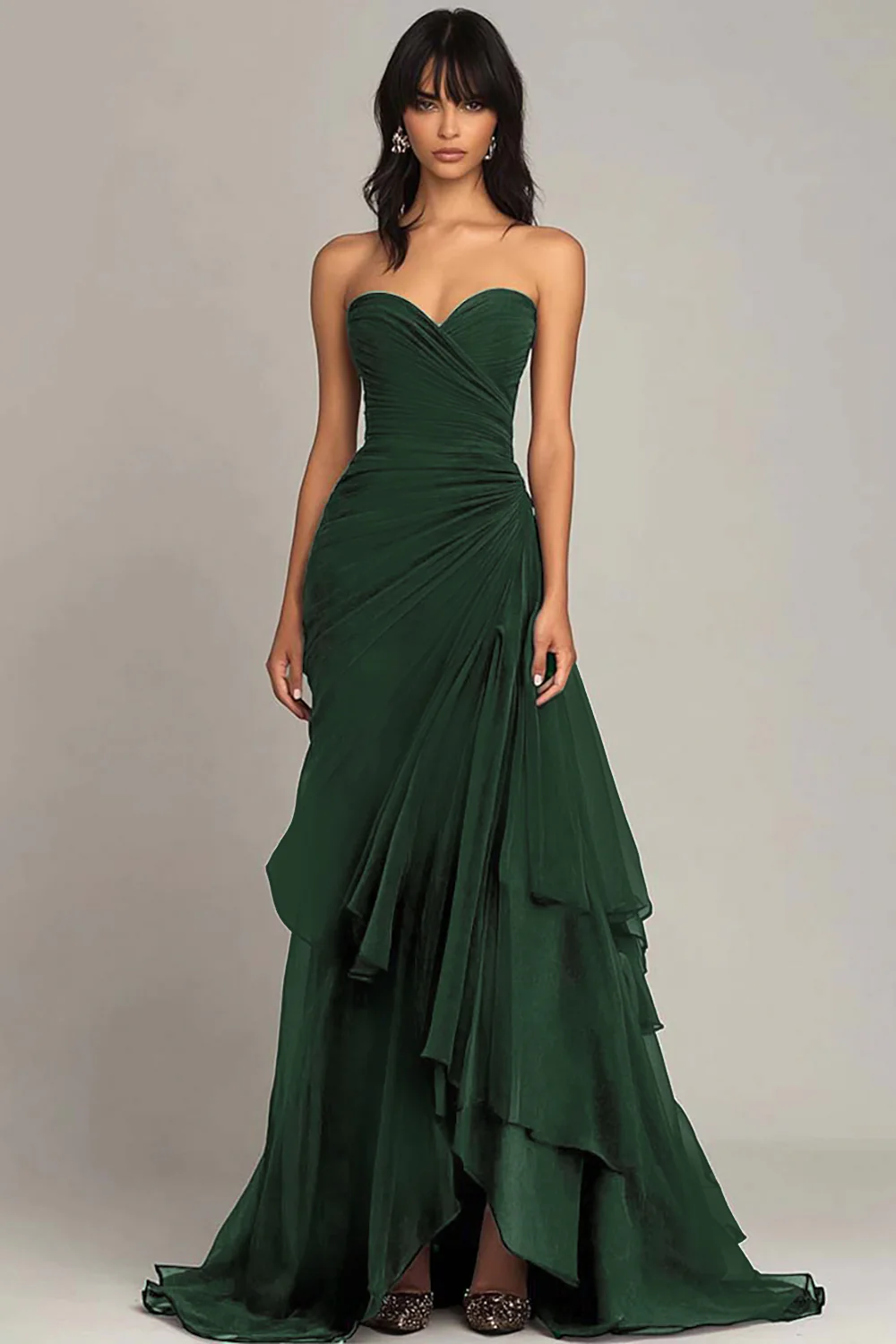 Dark Brown Sweetheart Ruched Ruffled Evening Dress - Image 5