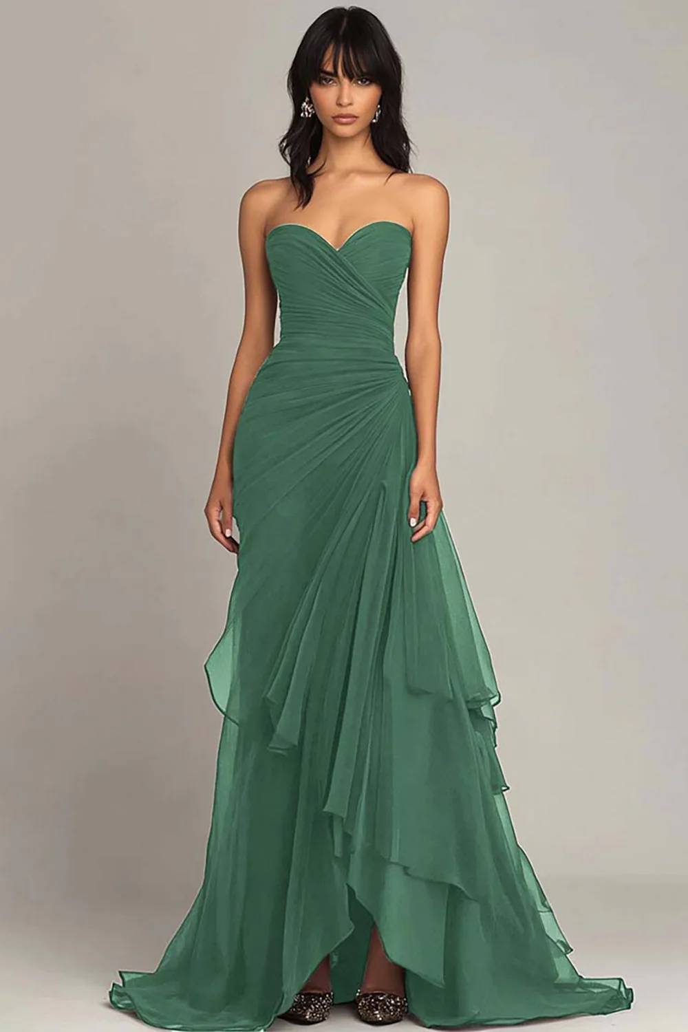 Dark Brown Sweetheart Ruched Ruffled Evening Dress - Image 7