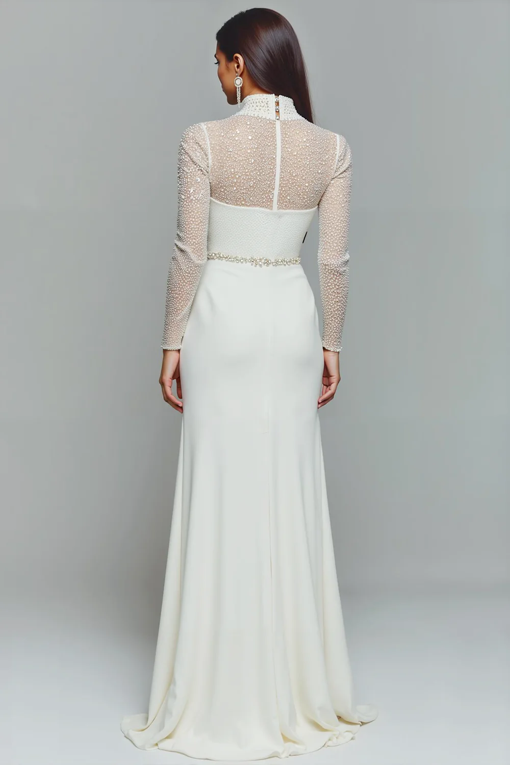 Elegant White Chiffon High Neck Mermaid Long Sleeve Wedding Dress - Image 2