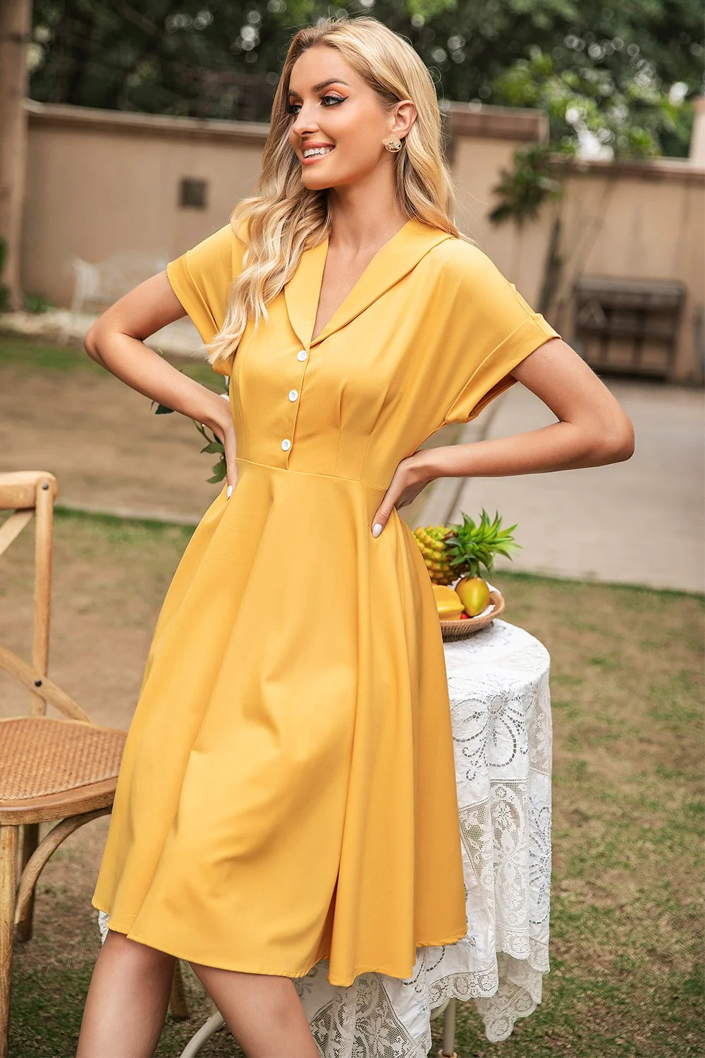 Elegant Yellow V Neck Vintage Dress - Image 6