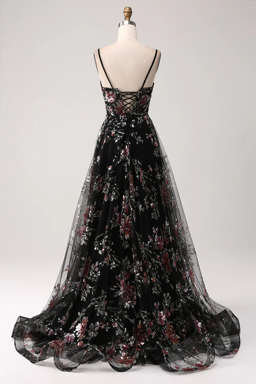 Embroidered Ivory Flower Long Corset Prom Dress with Slit - Image 10