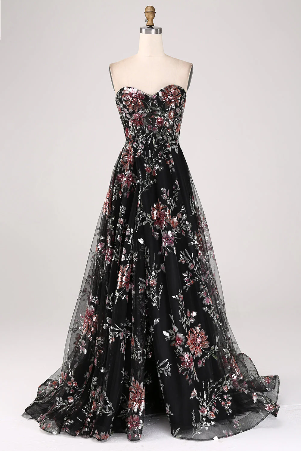 Embroidered Ivory Flower Long Corset Prom Dress with Slit - Image 11