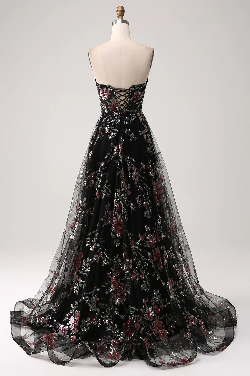 Embroidered Ivory Flower Long Corset Prom Dress with Slit - Image 12