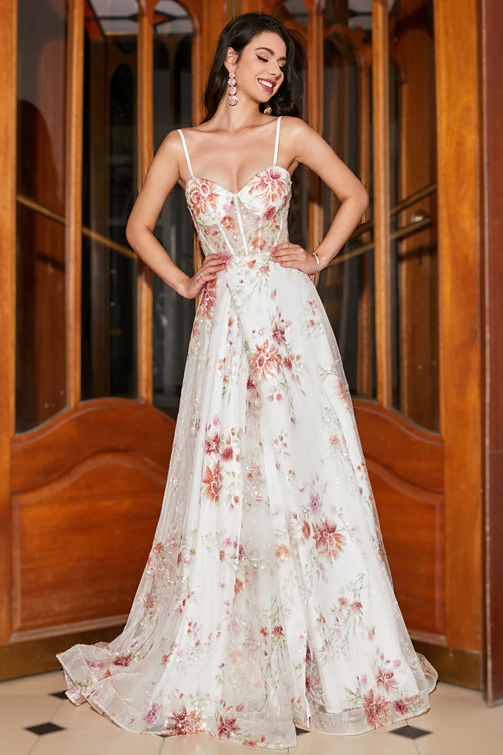 Embroidered Ivory Flower Long Corset Prom Dress with Slit - Image 5