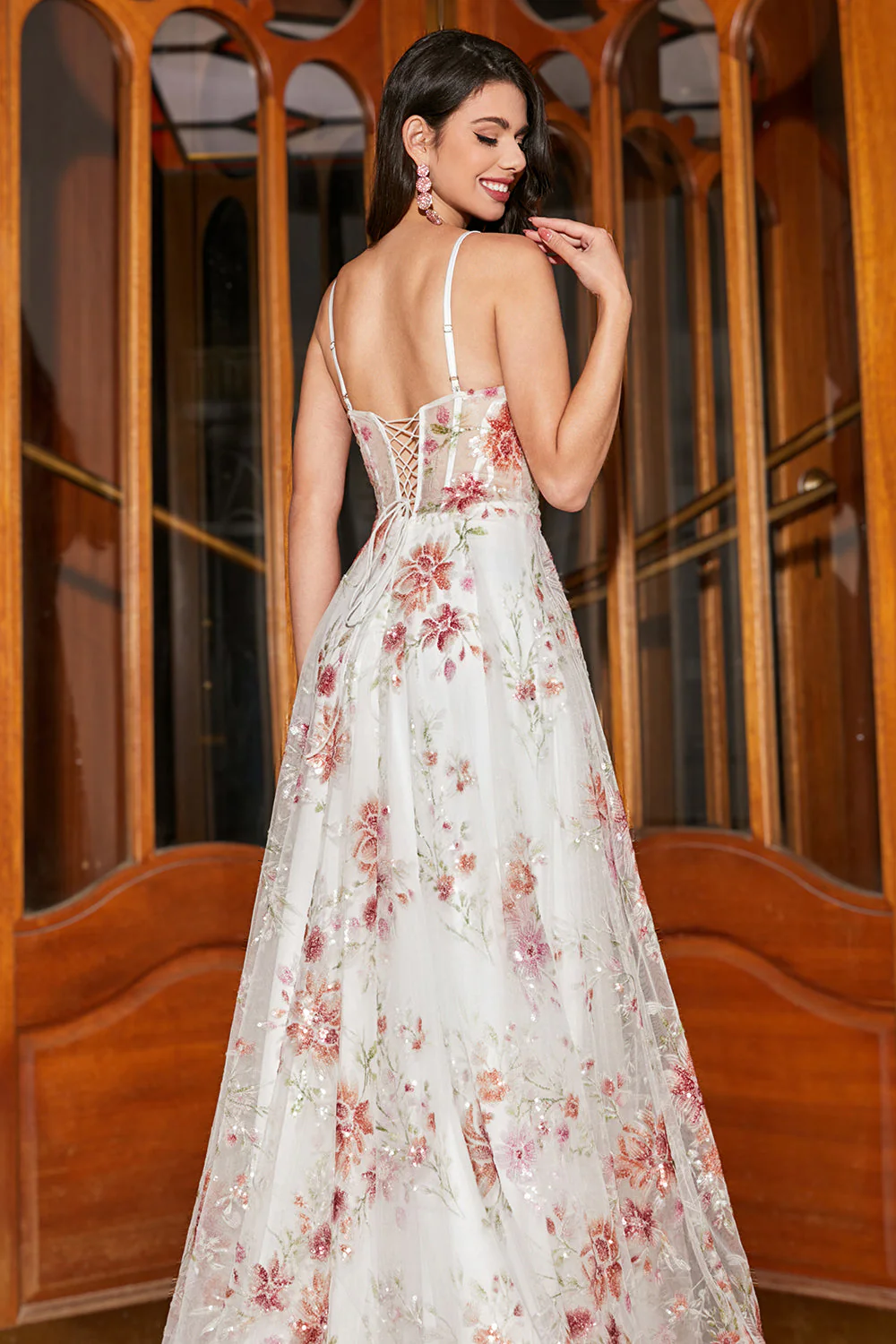 Embroidered Ivory Flower Long Corset Prom Dress with Slit - Image 8