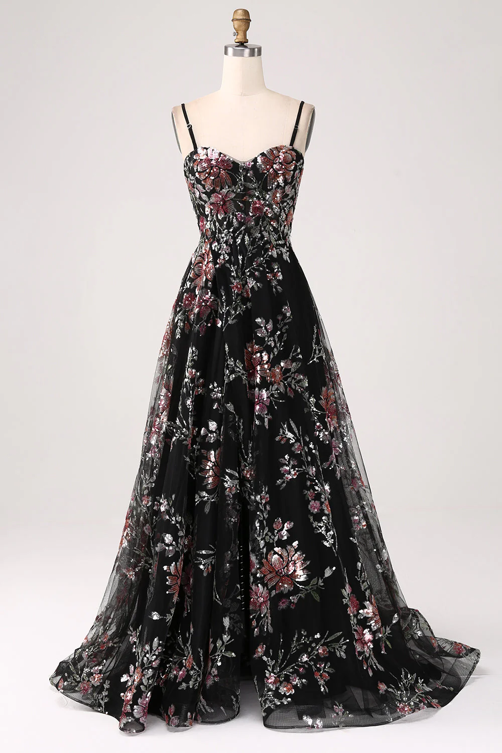 Embroidered Ivory Flower Long Corset Prom Dress with Slit - Image 9