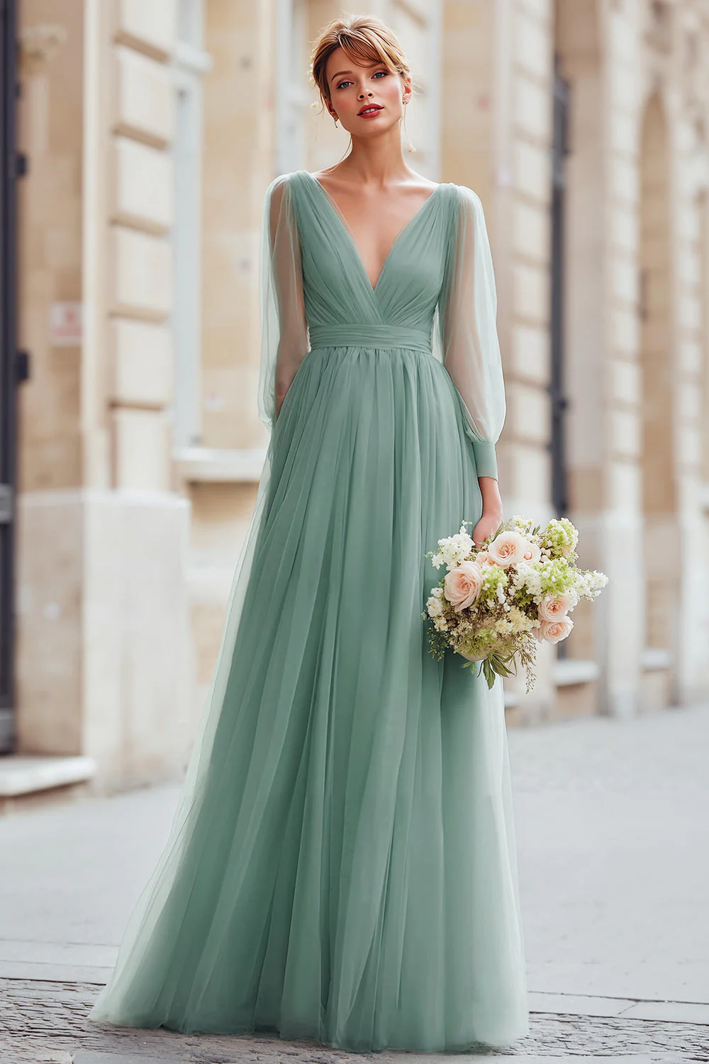 Eucalyptus A Line Long Sleeves V-Neck Choir Dress - Image 2