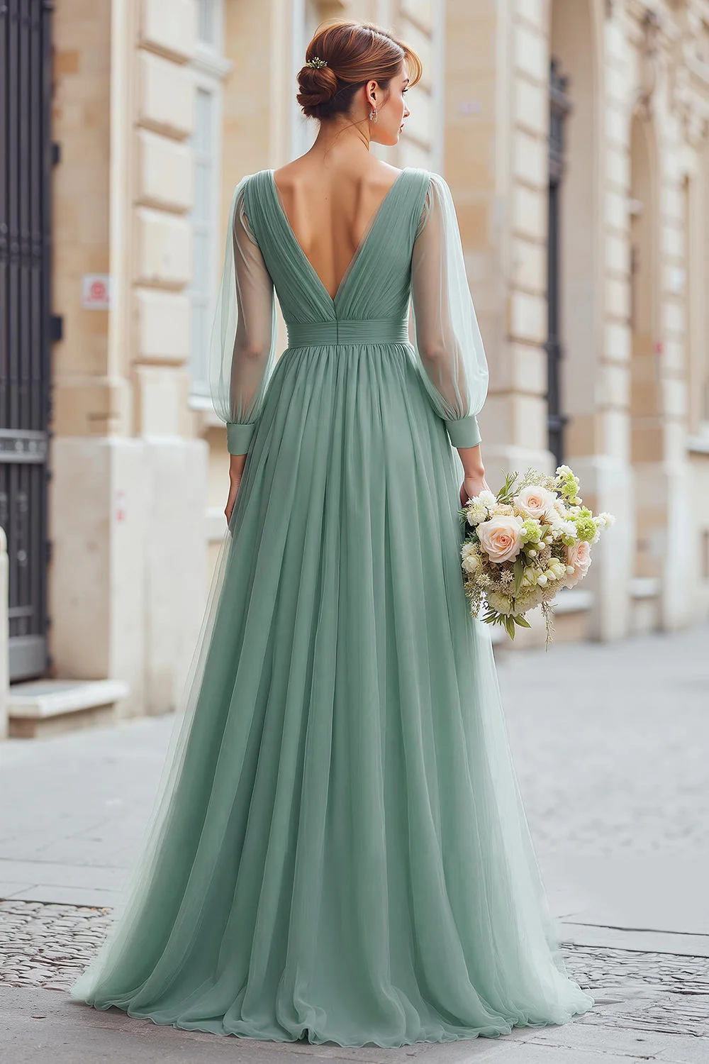 Eucalyptus A Line Long Sleeves V-Neck Choir Dress - Image 3