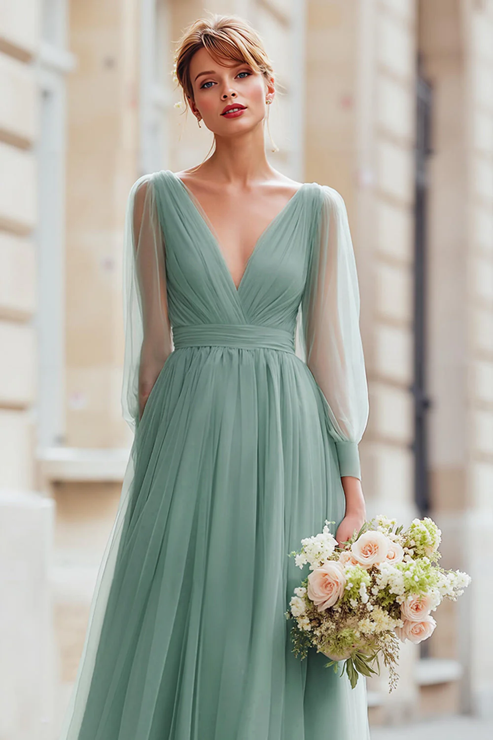 Eucalyptus A Line Long Sleeves V-Neck Choir Dress - Image 4