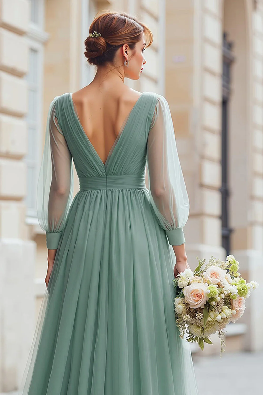 Eucalyptus A Line Long Sleeves V-Neck Choir Dress - Image 5