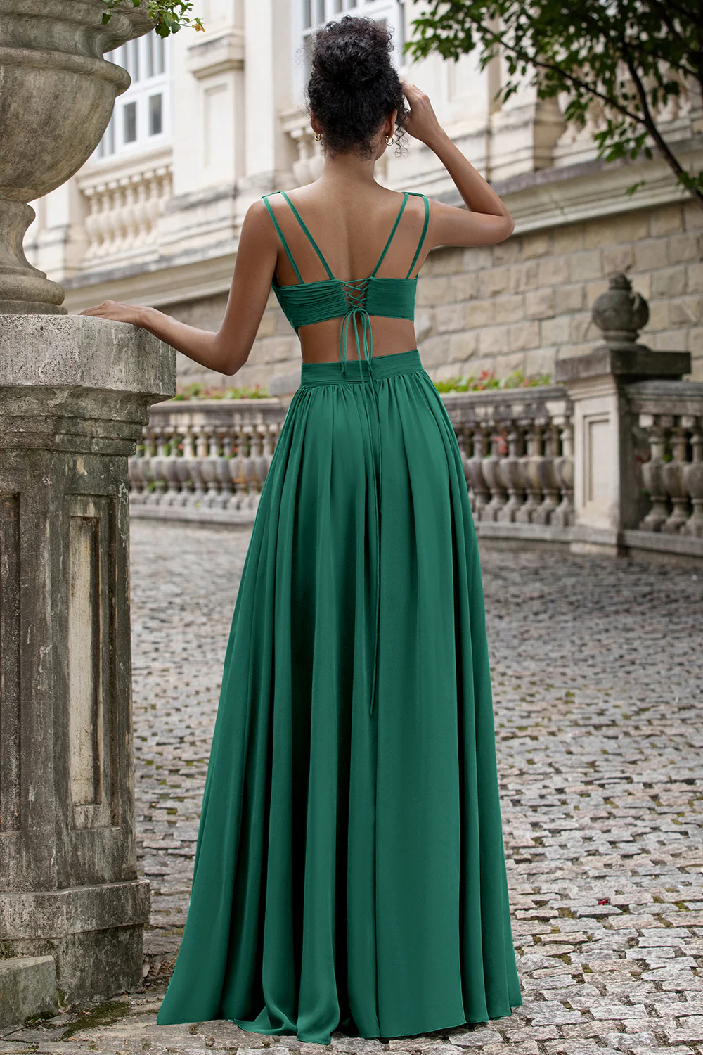 Eucalyptus A Line V Neck Pleated Chiffon Long Bridesmaid Dress with Lace-up Back - Image 10