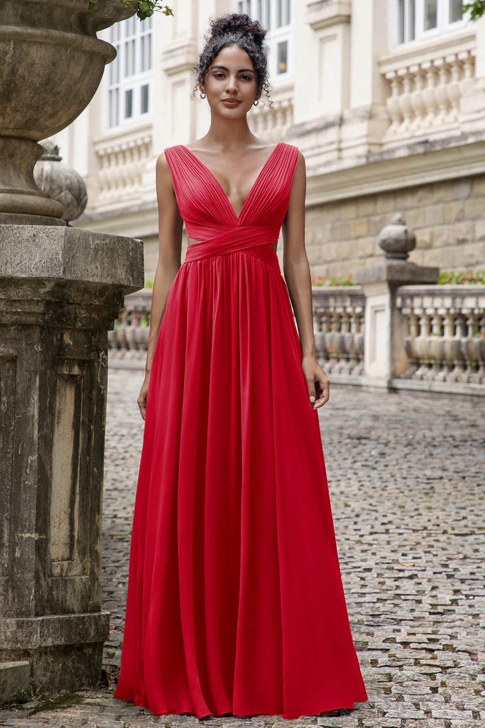 Eucalyptus A Line V Neck Pleated Chiffon Long Bridesmaid Dress with Lace-up Back - Image 11