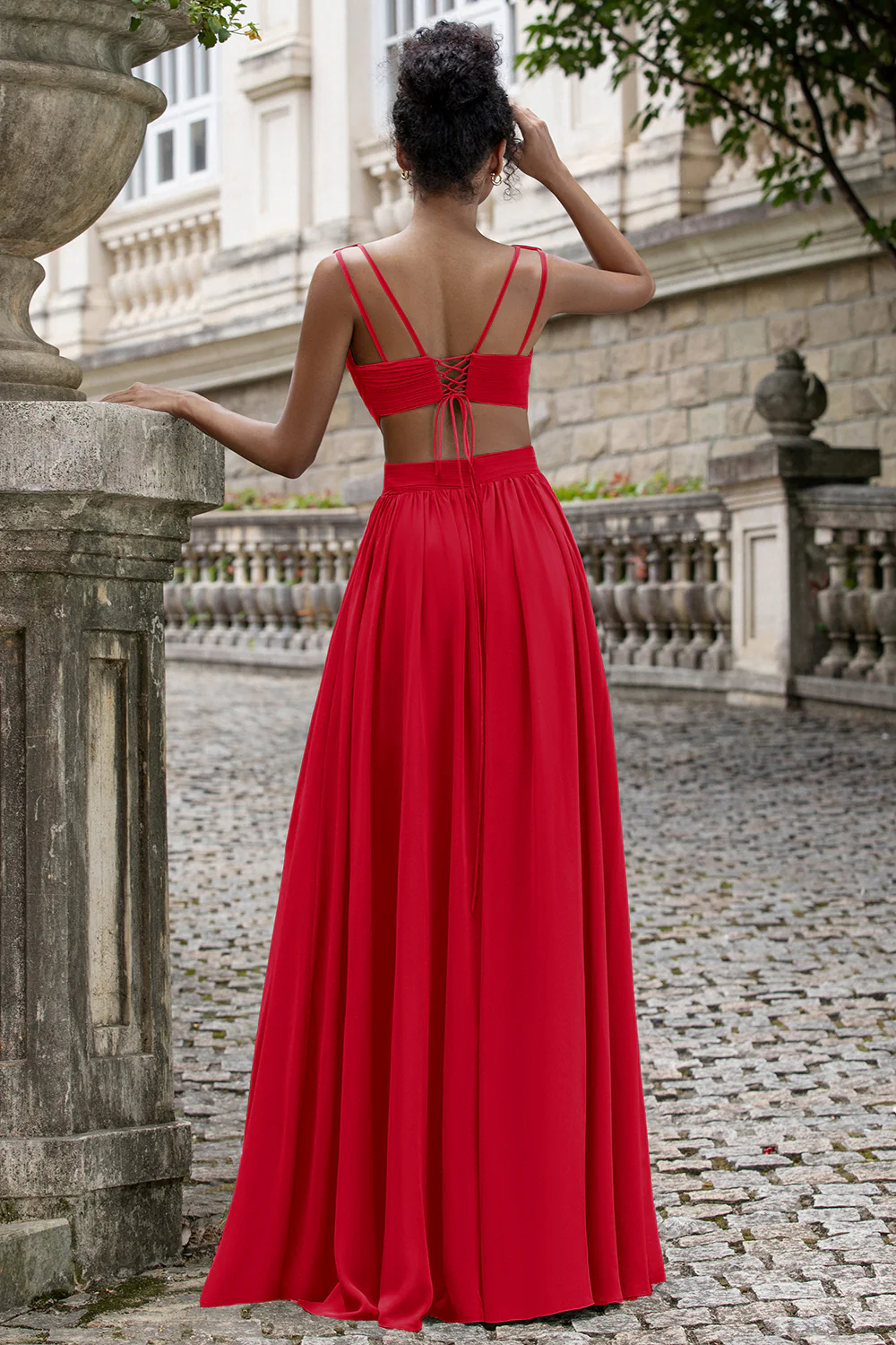 Eucalyptus A Line V Neck Pleated Chiffon Long Bridesmaid Dress with Lace-up Back - Image 12