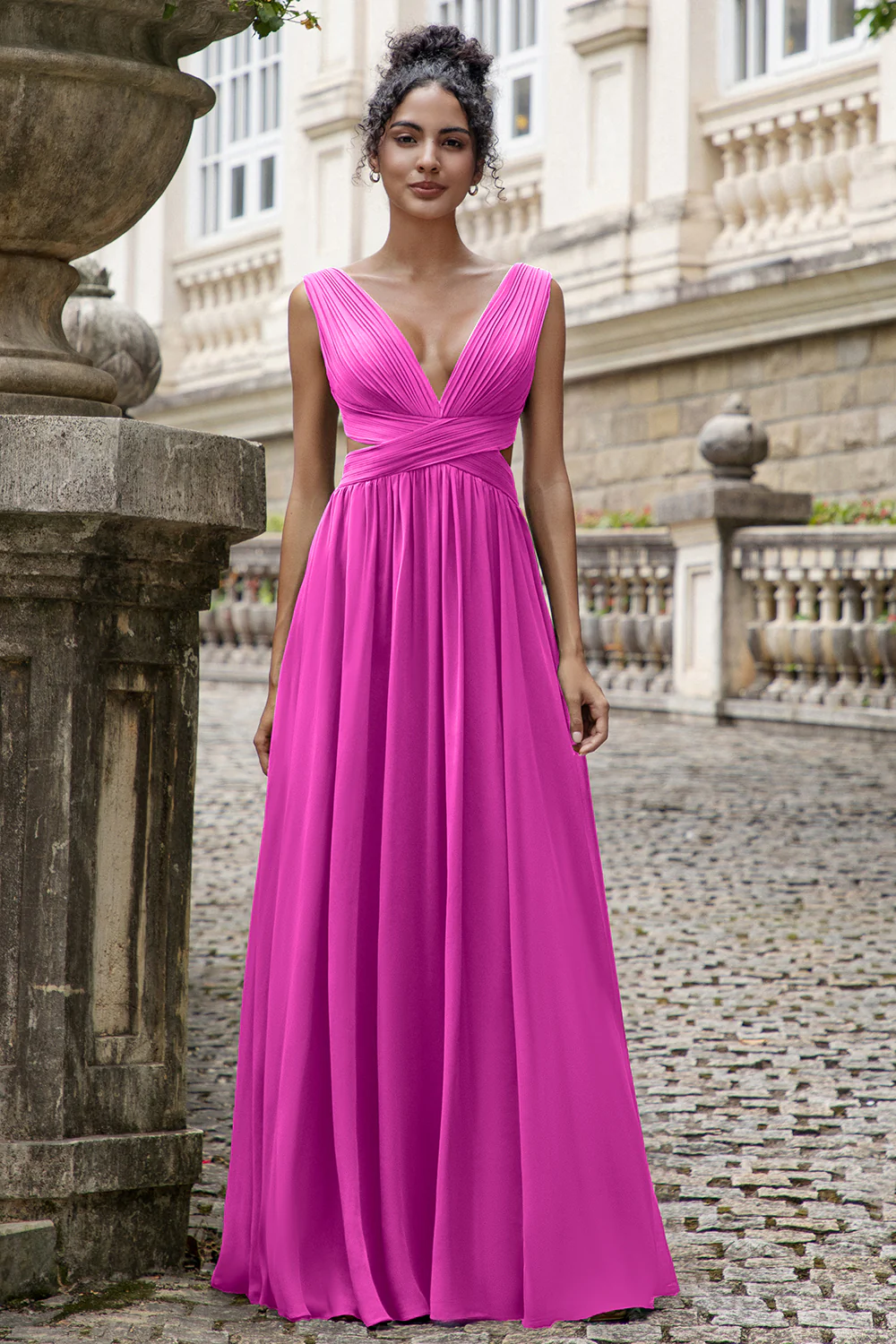 Eucalyptus A Line V Neck Pleated Chiffon Long Bridesmaid Dress with Lace-up Back - Image 3