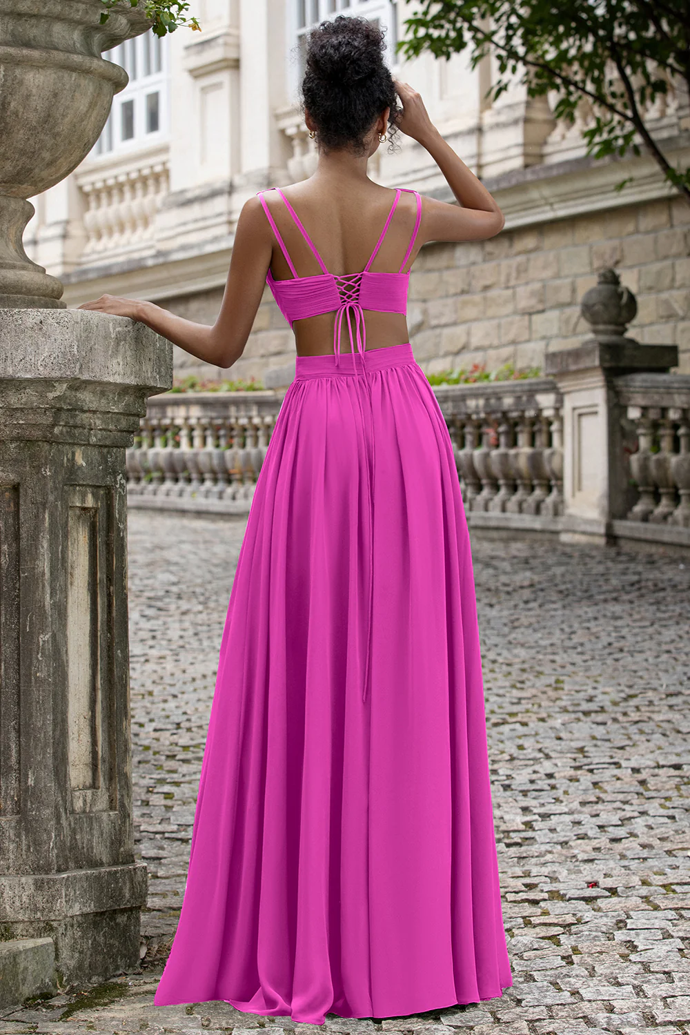 Eucalyptus A Line V Neck Pleated Chiffon Long Bridesmaid Dress with Lace-up Back - Image 4