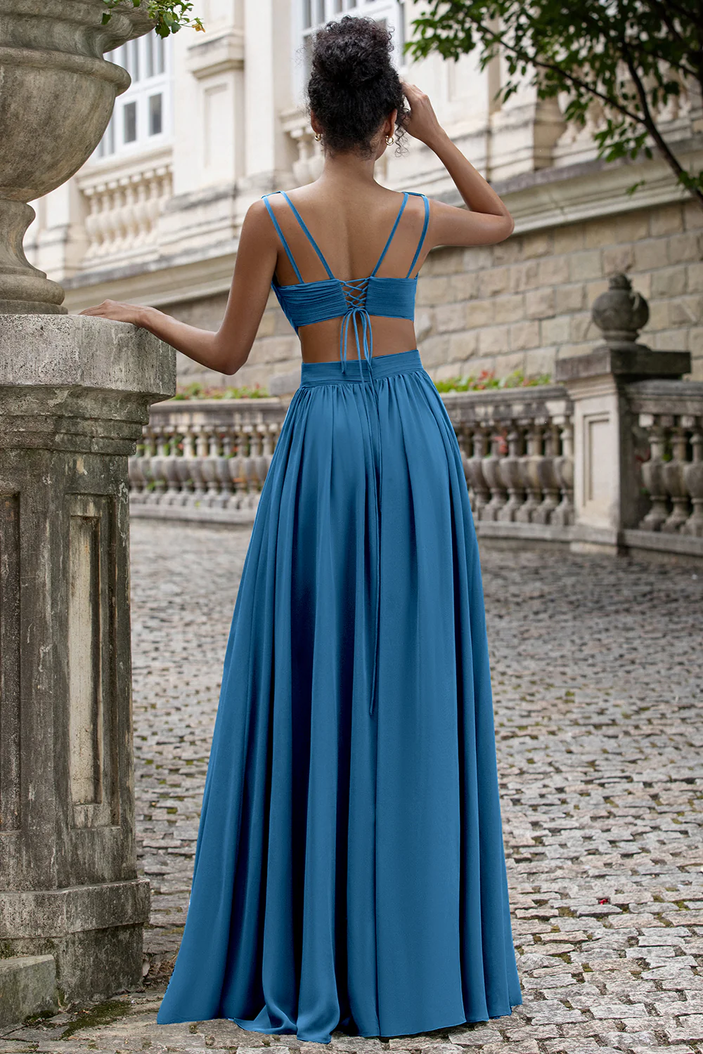 Eucalyptus A Line V Neck Pleated Chiffon Long Bridesmaid Dress with Lace-up Back - Image 6