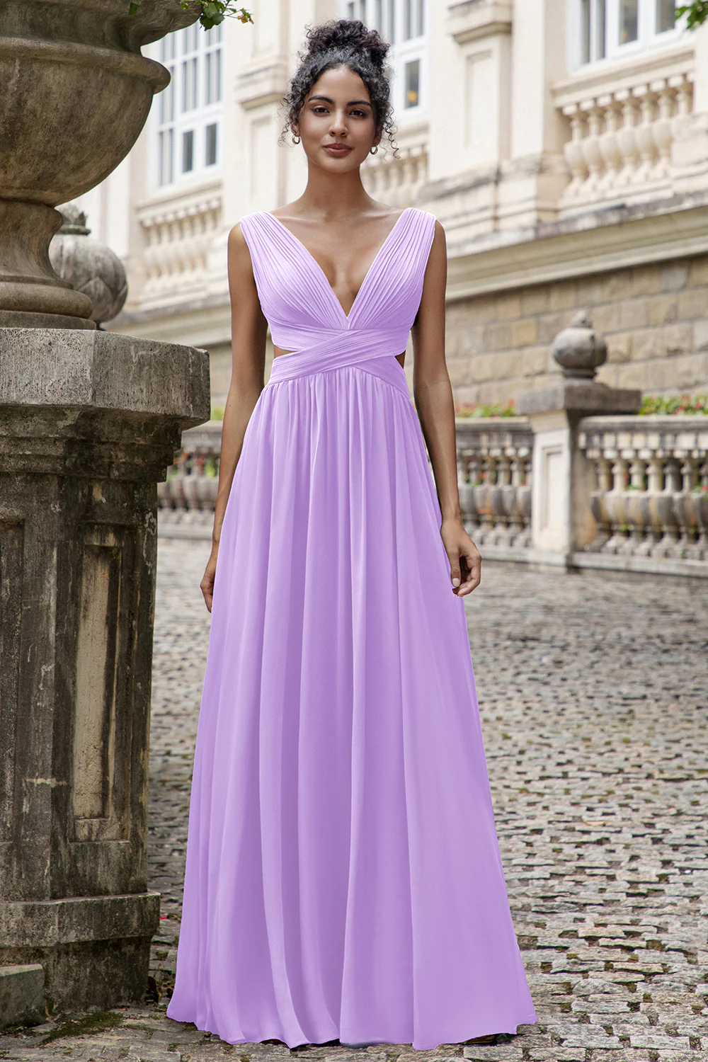 Eucalyptus A Line V Neck Pleated Chiffon Long Bridesmaid Dress with Lace-up Back - Image 7
