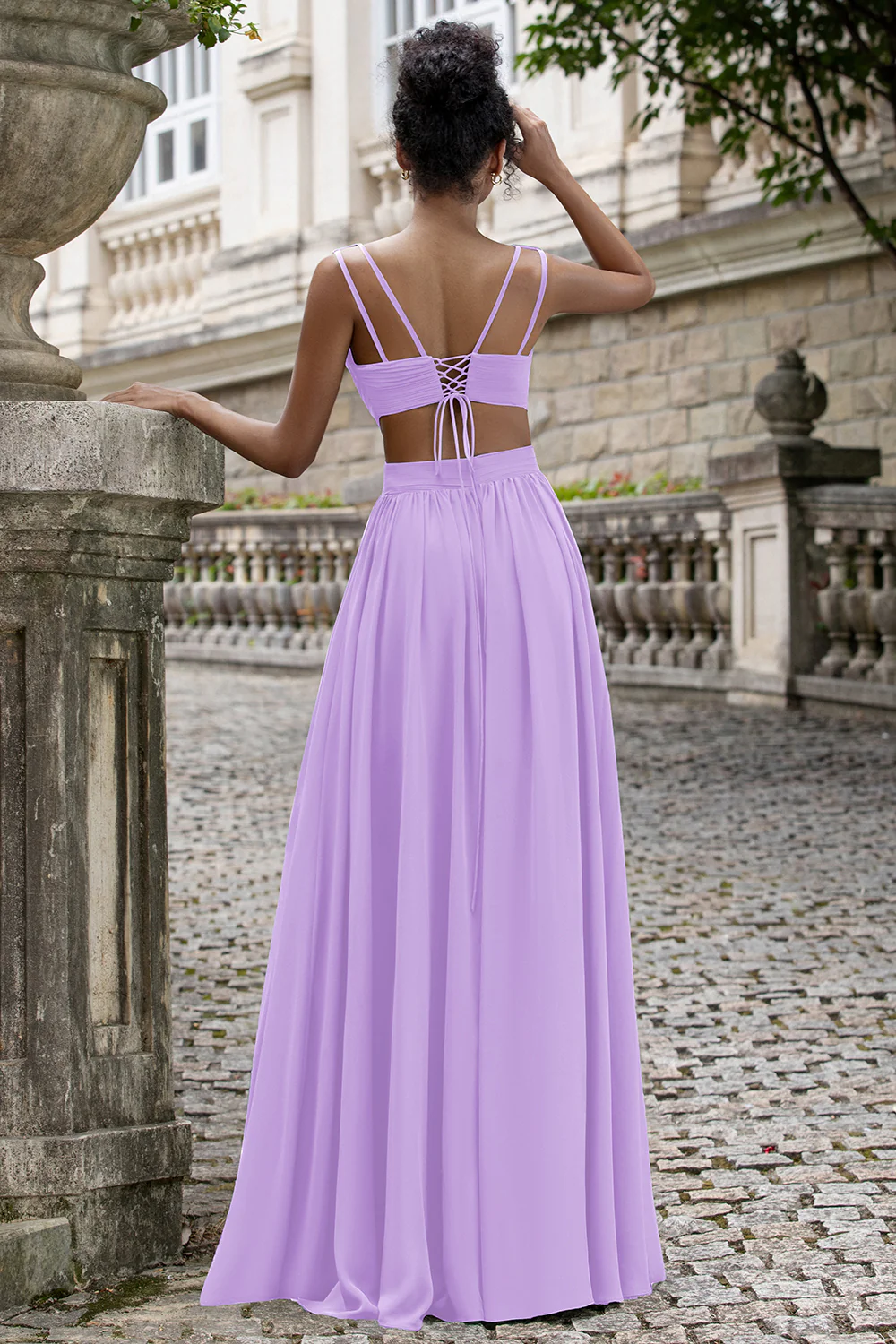 Eucalyptus A Line V Neck Pleated Chiffon Long Bridesmaid Dress with Lace-up Back - Image 8