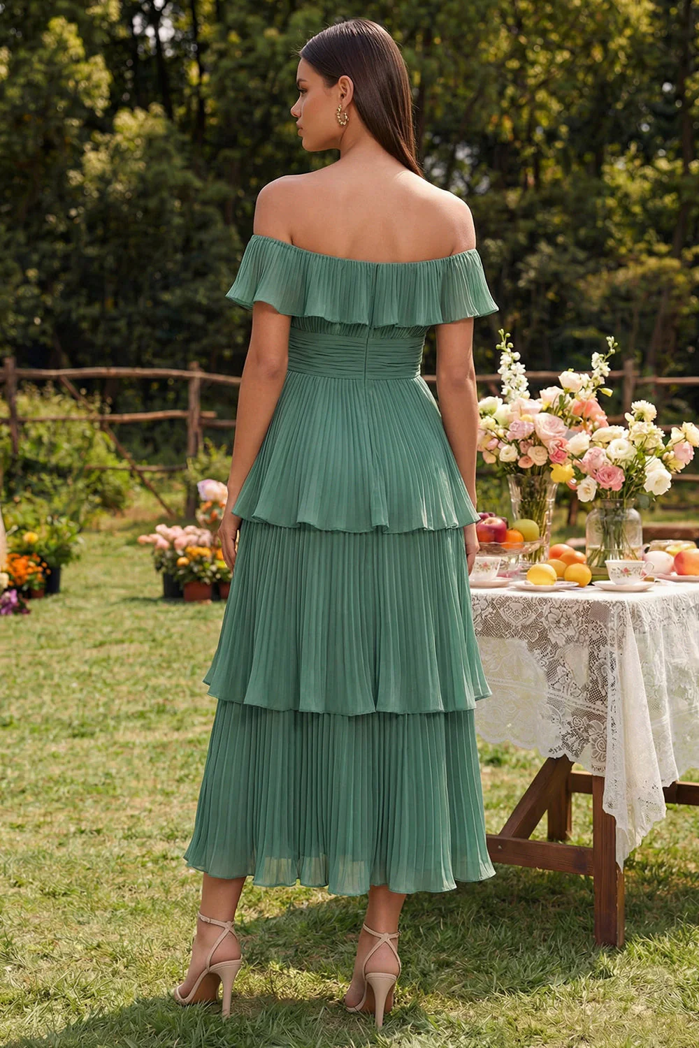 Eucalyptus Off the Shoulder Chiffon Tiered Pleated A-Line Midi Dress - Image 2