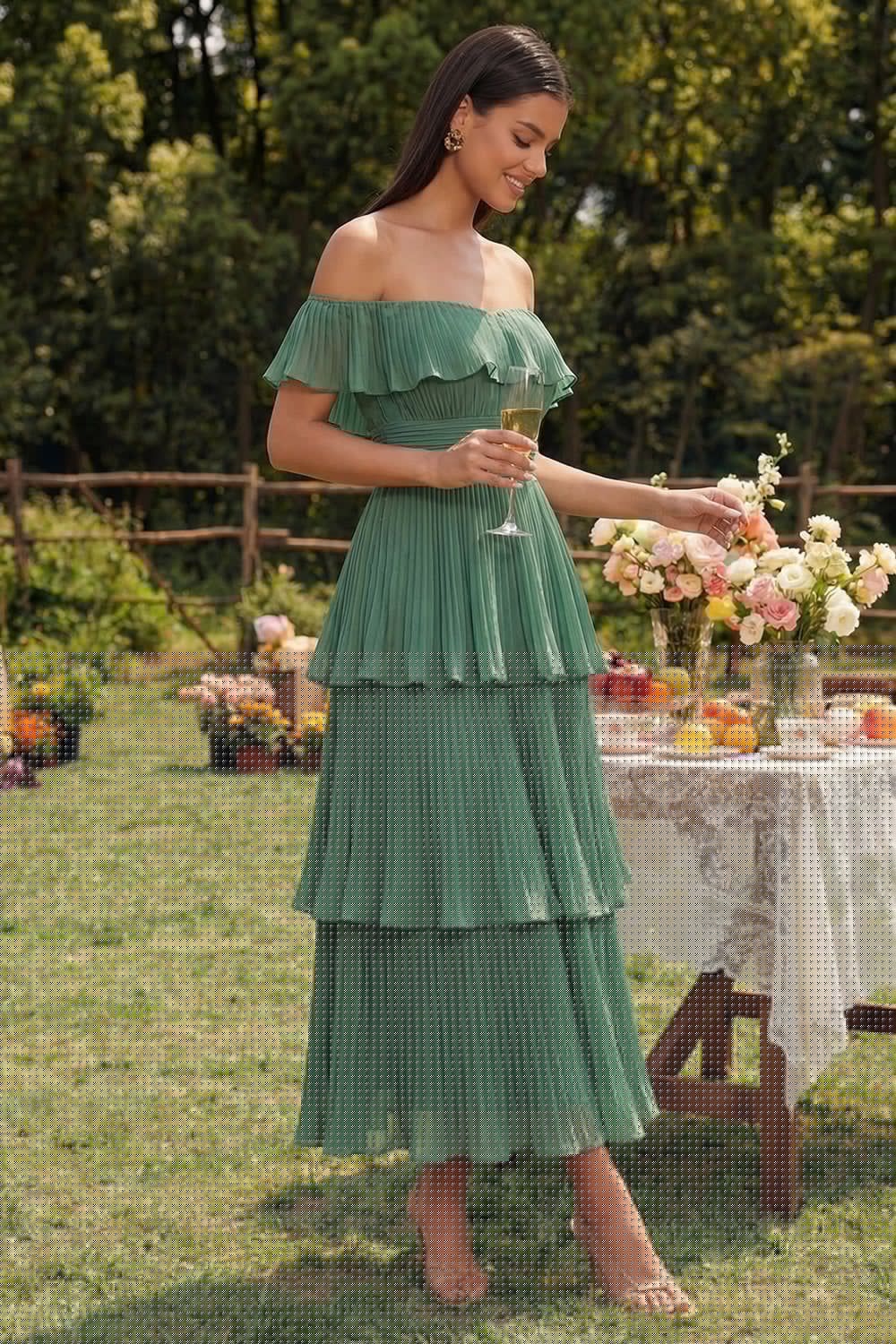 Eucalyptus Off the Shoulder Chiffon Tiered Pleated A-Line Midi Dress - Image 3