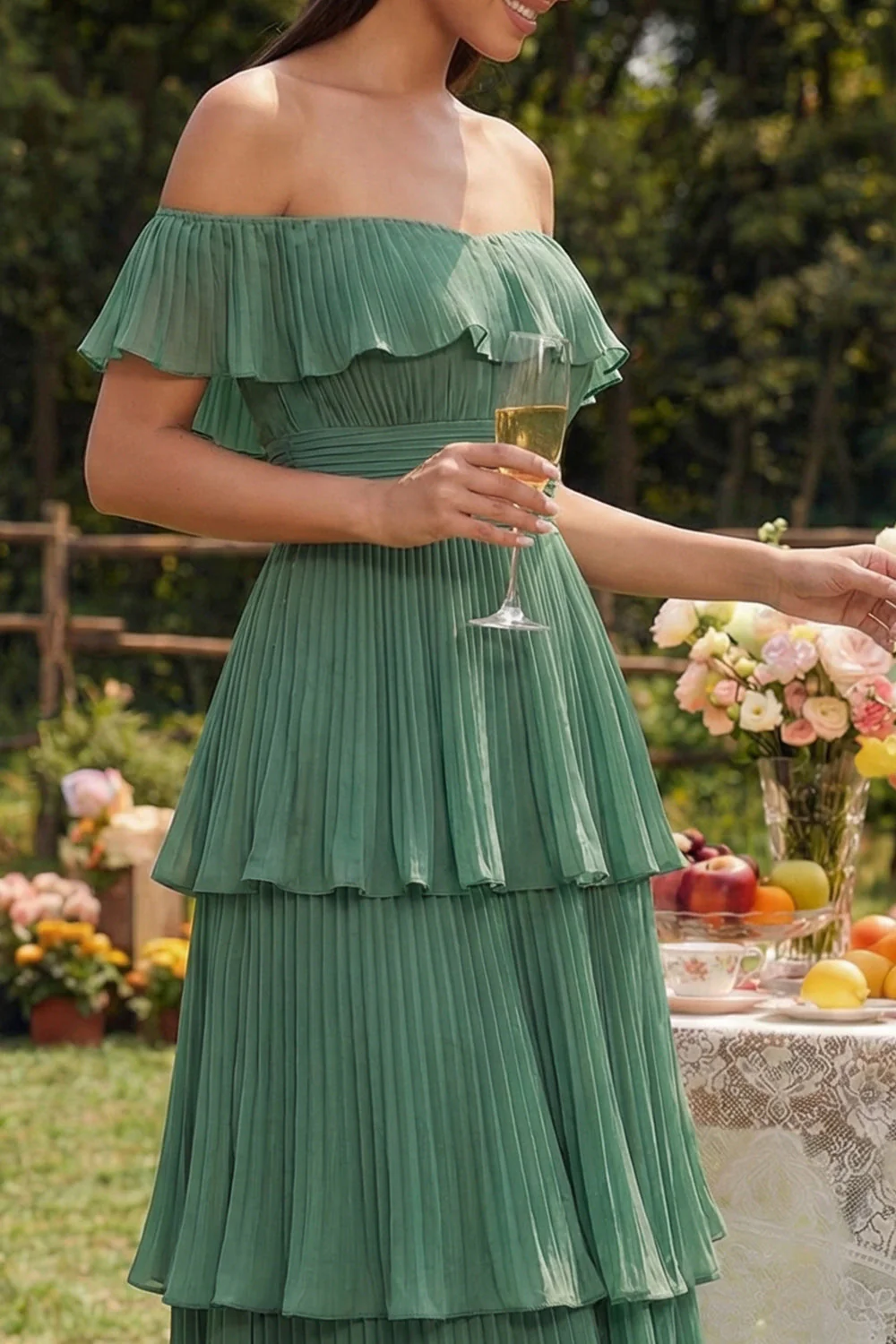 Eucalyptus Off the Shoulder Chiffon Tiered Pleated A-Line Midi Dress - Image 6
