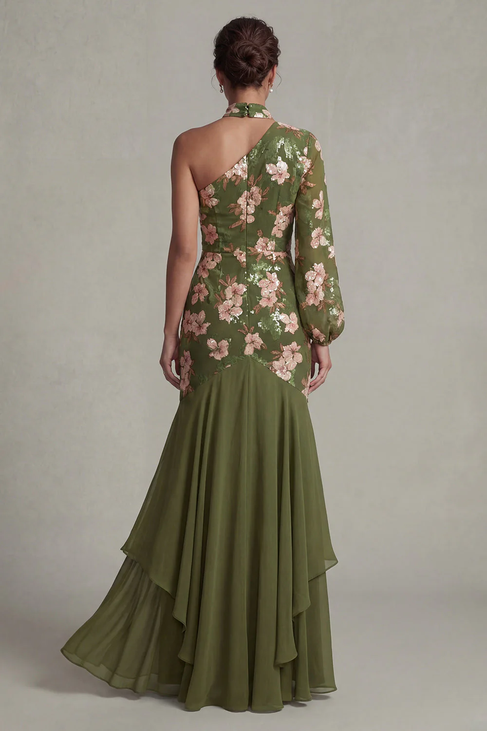 Eucalyptus Halter Mermaid One Shoulder Mother of the Bride Dress with Long Sleeves - Image 2