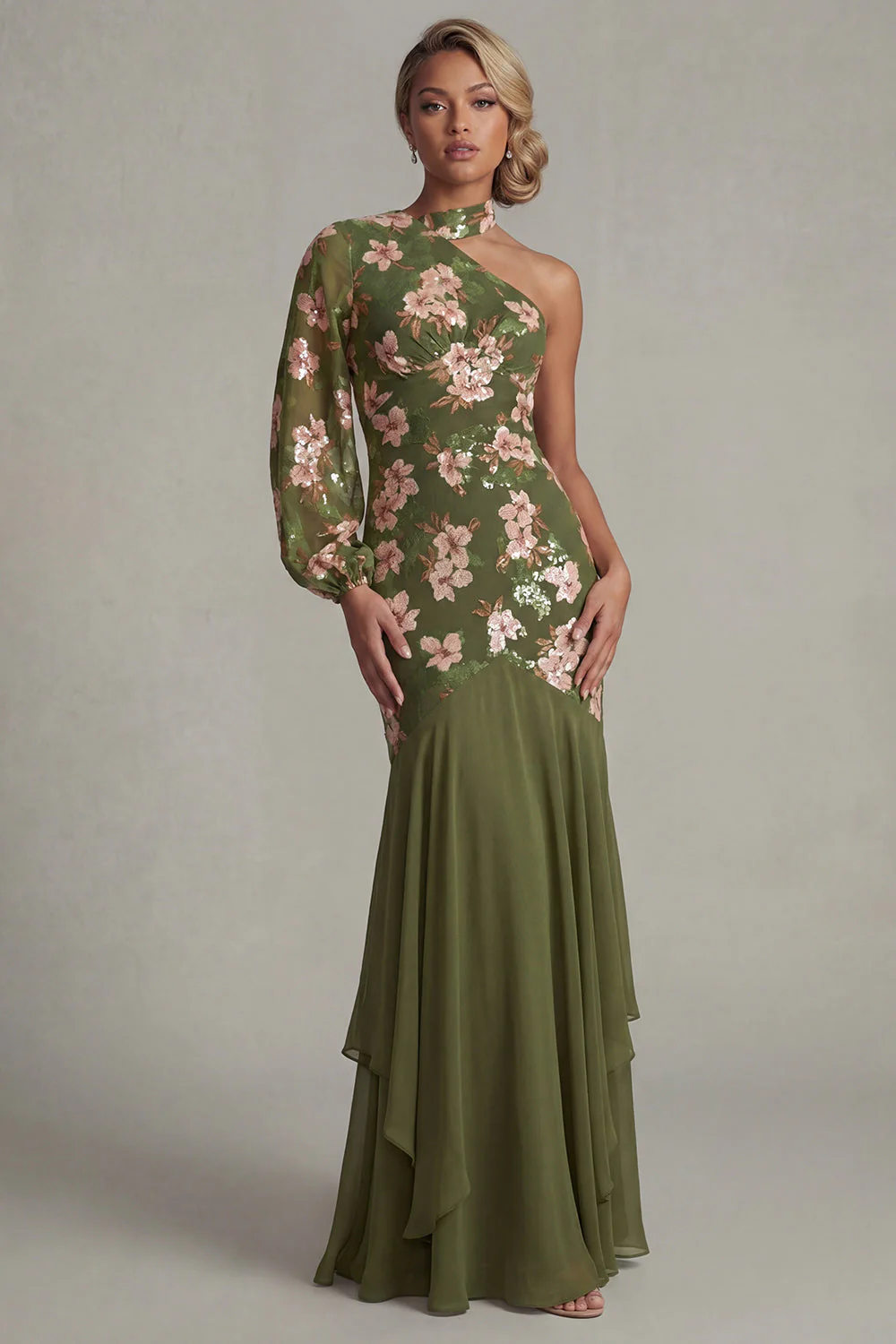 Eucalyptus Halter Mermaid One Shoulder Mother of the Bride Dress with Long Sleeves - Image 3