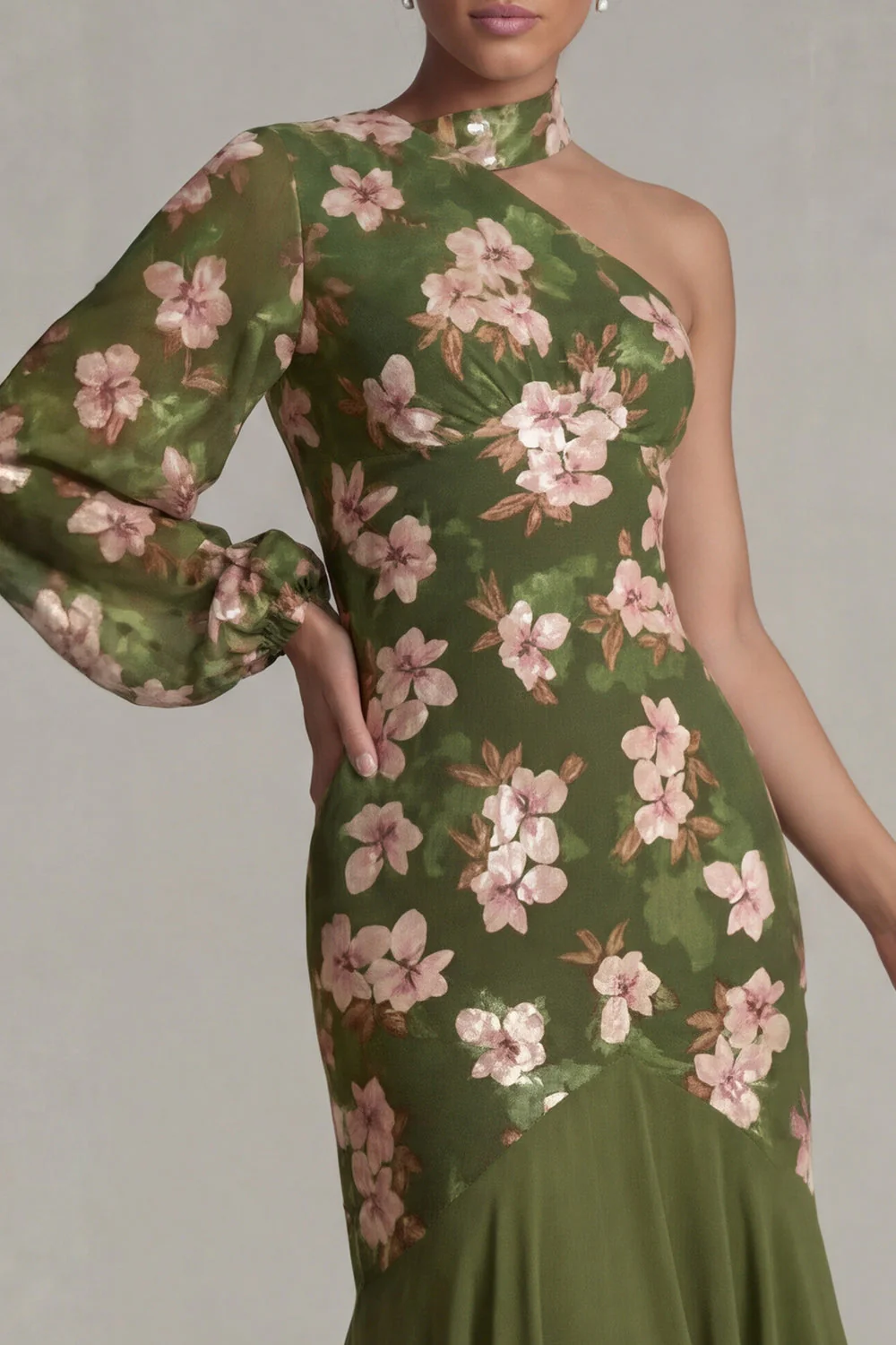 Eucalyptus Halter Mermaid One Shoulder Mother of the Bride Dress with Long Sleeves - Image 4