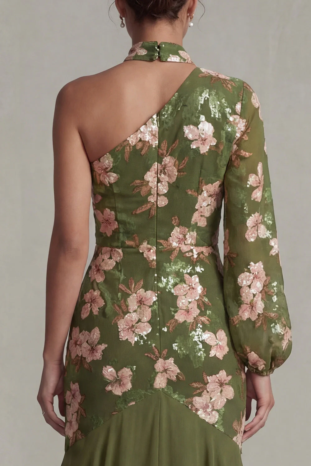 Eucalyptus Halter Mermaid One Shoulder Mother of the Bride Dress with Long Sleeves - Image 5