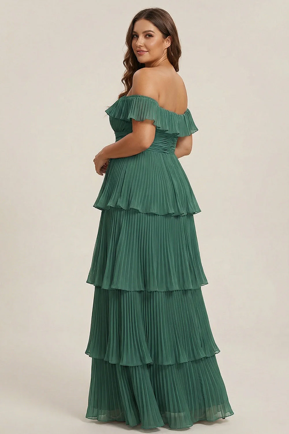 Eucalyptus Pleated Tiered Off the Shoulder A Line Long Plus Size Bridesmaid Dress - Image 2