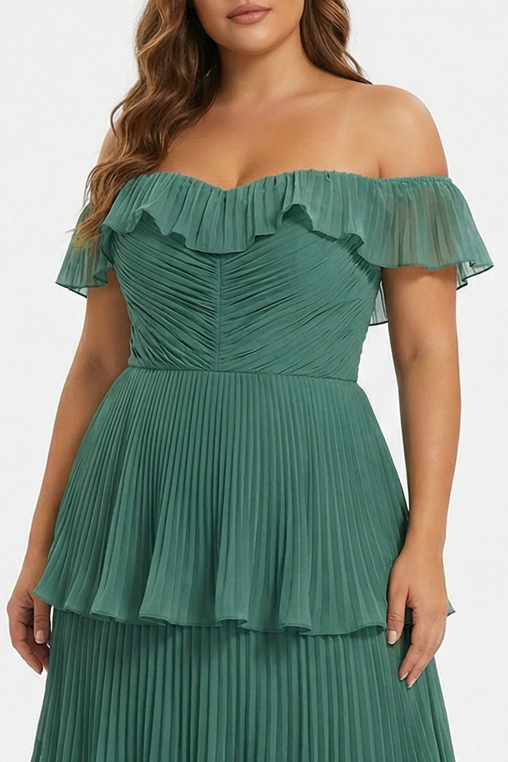 Eucalyptus Pleated Tiered Off the Shoulder A Line Long Plus Size Bridesmaid Dress - Image 3
