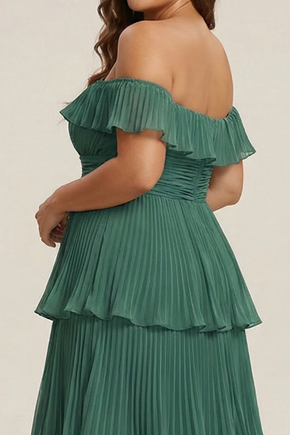 Eucalyptus Pleated Tiered Off the Shoulder A Line Long Plus Size Bridesmaid Dress - Image 4
