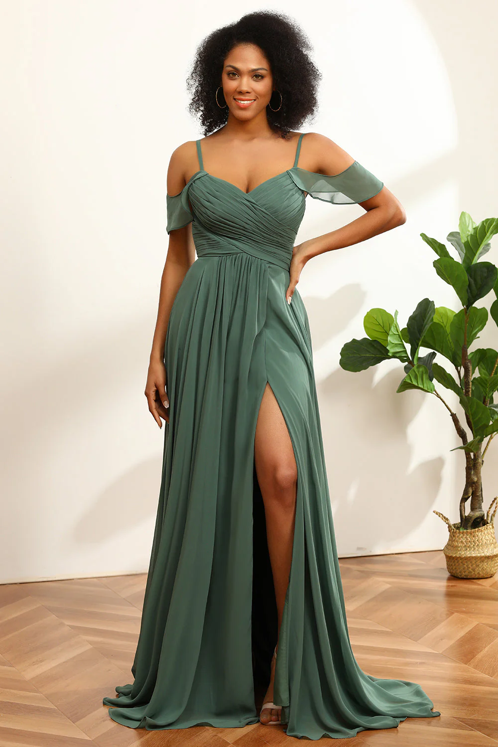 Eucalyptus Ruched Lace-Up Back Long Chiffon Bridesmaid Dress - Image 4
