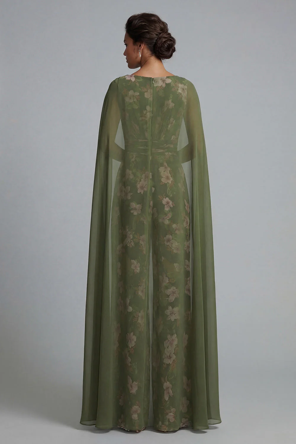 Eucalyptus Floral V-Neck Mother of the Bride Jumpsuit with Cape - Image 2