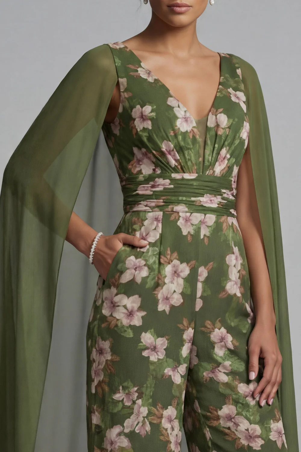Eucalyptus Floral V-Neck Mother of the Bride Jumpsuit with Cape - Image 4