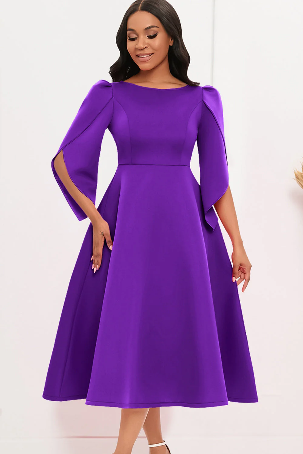 Fashion Elegant Royal Blue A Line Solid Swing Party Dress with Half Sleeves - Image 9