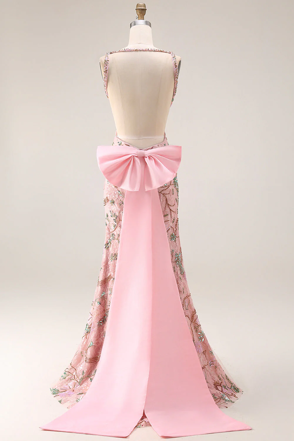 Fitted Beaded Open Back Sequins Long Floral Prom Dress with  Detachable Bow - Image 2