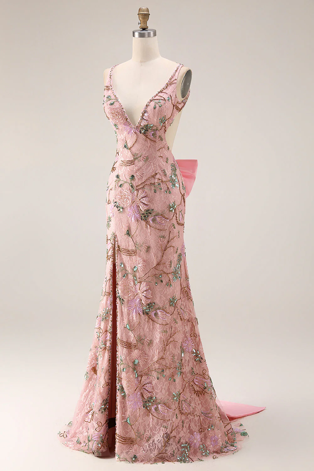 Fitted Beaded Open Back Sequins Long Floral Prom Dress with  Detachable Bow - Image 5