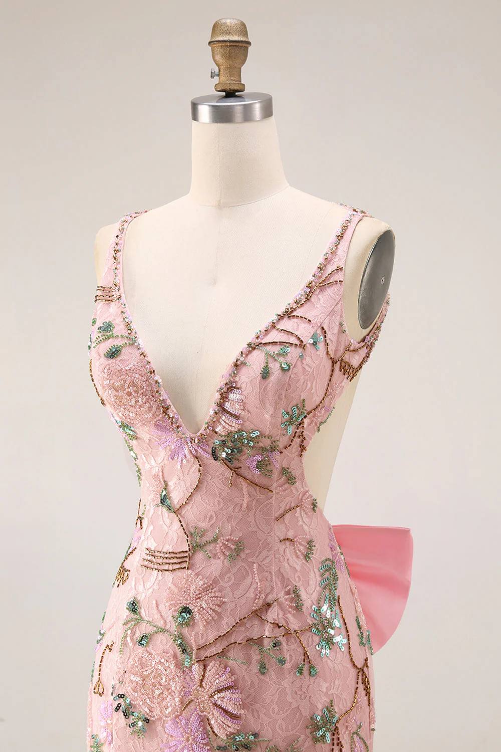 Fitted Beaded Open Back Sequins Long Floral Prom Dress with  Detachable Bow - Image 7
