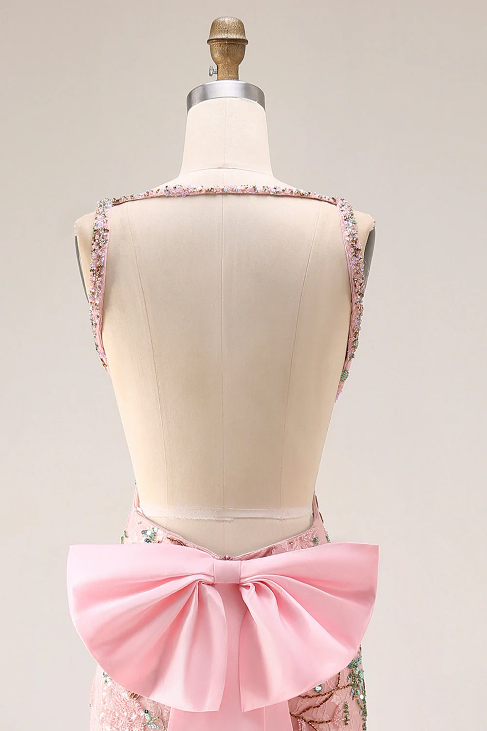 Fitted Beaded Open Back Sequins Long Floral Prom Dress with  Detachable Bow - Image 8